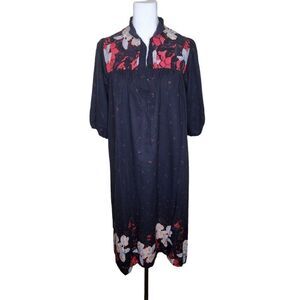 Vintage 70s Trapeze Long Sleeve Dress Womens Size L Black Red Floral Midi